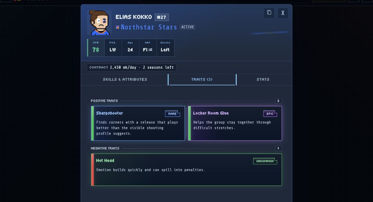 Retro Hockey Manager player profile showing revealed positive and negative hidden traits