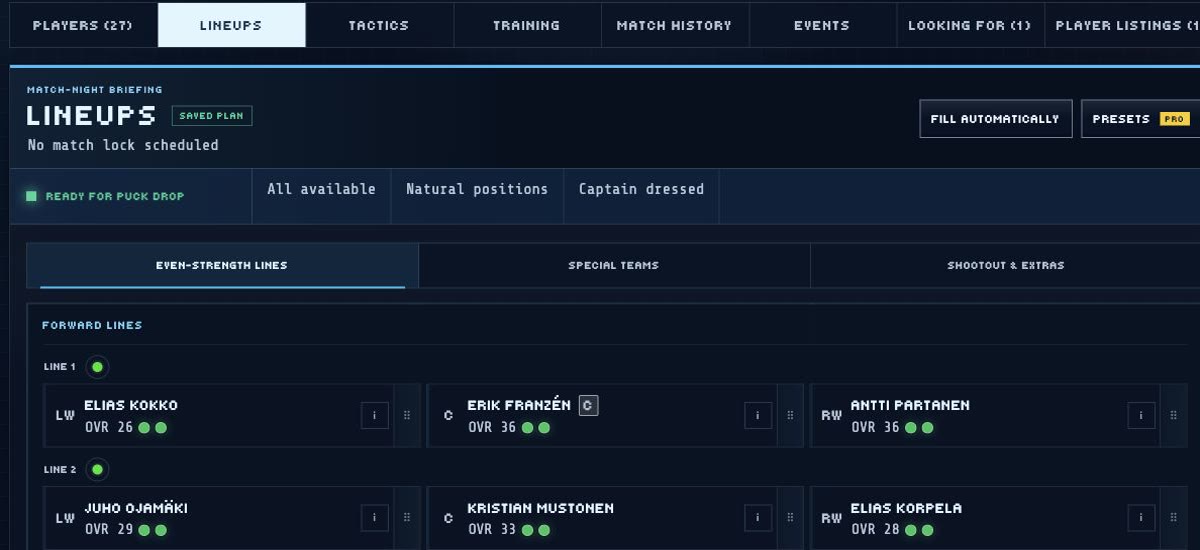 Retro Hockey Manager line management screen showing forward lines and player condition