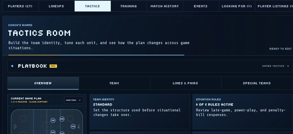 Retro Hockey Manager tactics screen showing the rink diagram and tactical settings