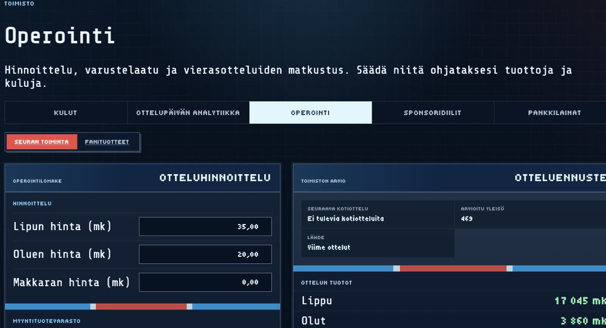 Retro Hockey Managerin operointinäkymä, jossa näkyvät hinnoittelu ja ottelutuottojen ennuste