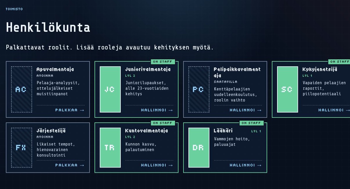 Retro Hockey Managerin henkilökuntanäkymä, jossa näkyvät valmennuksen, kykyjenetsinnän ja lääkinnän roolit